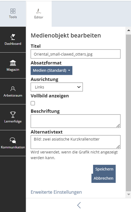 Links Hauptmenü von ILIAS. Rechts im Reiter "Editor" das Menü "Medienobjekt bearbeiten". Eingabefelder wie Titel, Absatzformat, Ausrichtung und Alternativtext. Am Ende der Liste klickbar "Erweiterte Einstellungen"