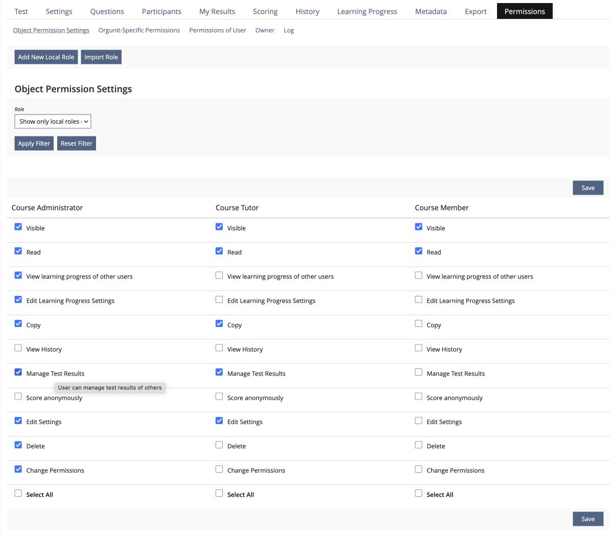 Mockup Test Permissions Tab with the changed label from 'Test Results' to 'Manage Test Results'