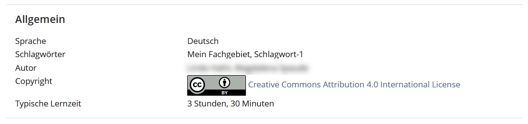 Die ausgefüllten Abschnitte "Allgemein" und "Kontaktpersonen" werden angezeigt. Im Abschnitt "Allgemein" werden folgende Informationen aufgelistet: Sprache, Schlagwörter, Autor, Copyright. Bei "Copyright" befindet sich das Logo der CC-BY-Lizenz sowie der verlinkte Text "Creative Commons Attribution 4.0 International Licence".